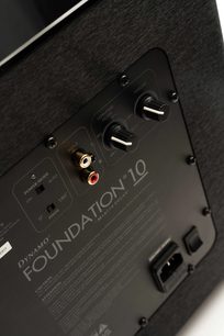 Dynamo Foundation 10 in nero opaco, vista posteriore inclinata, connettori RCA rosso e bianco, 2 manopole rotative, interruttori, presa di alimentazione.