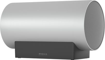 Subwoofer Sub Medium Wireless argento, vista laterale, forma cilindrica, griglia circolare, supporto rettangolare nero