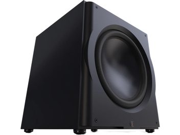 Касон на ниски честоти Perlisten R18s, изглед под ъгъл, черен корпус, кръгъл високоговорител, текстурирана повърхност, видими крака