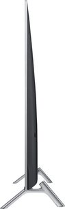 Profilbild av Samsung UE55TU7005 TV, platt skärm, silverfärgad metallram och fot, smal rektangulär form