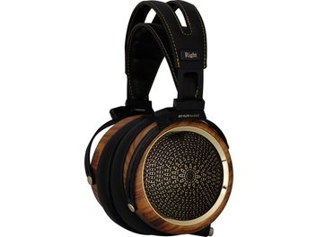 Cuffie hi-fi aperte Sendy Audio Peacock Zebra, in legno zebrato nero, padiglioni rotondi, griglia dorata, archetto in pelle nera