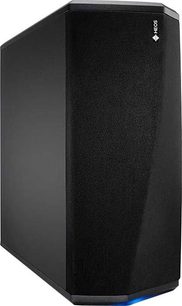 Denon HEOS SUBWOOFER sort baskabin, kubisk form, frontvisning, sort gitter på forsiden, HEOS-logo nederst til højre