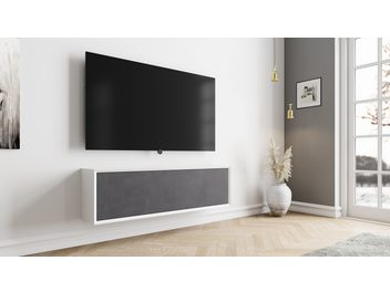 Аудио-видео шкаф Clic TV Series Model TV55" 2S стенен плаващ бял, текстилна фасада тъмносив, изглед от три четвърти