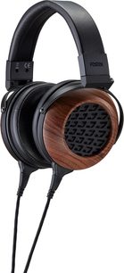 Offener kabelgebundener Hi-Fi-Kopfhörer Fostex TH808 mit schwarzen Bügeln, schwarzen Lederpolstern, Holzgehäusen und schwarzen offenen Gittern