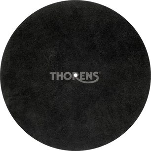 Copripiatto circolare nero con superficie uniforme, logo Thorens centrato in lettere chiare, foro centrale visibile