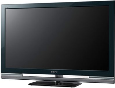 Televizor Sony KDL-52W4000, 52 palců, plochá obrazovka, černý, vypnutý, pohled zepředu na stříbrném kovovém stojanu