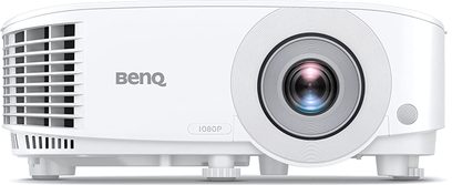 Benq MH560 hvid videoprojektor, set forfra, centreret linse omgivet af cirkulære gitre, knapper på toppen, udtrækkelige fødder