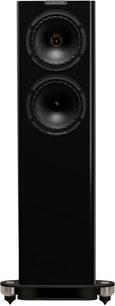 Fyne Audio F702 SP søjlehøjttaler i sort lak, frontvisning, 2 cirkulære højttalere, rektangulær base med metalfødder