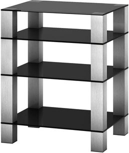 Sonorous RX5040B-INOX hi-fi møbel, 4 sorte hylder og sølvfarvet metalstruktur, perspektivisk frontvisning