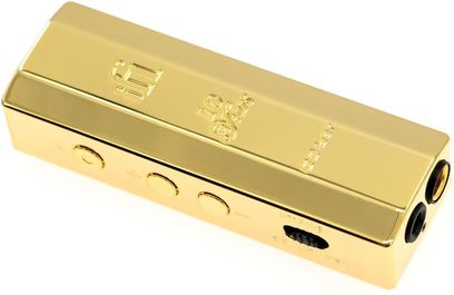 Bærbar iFi Audio Go bar gold rektangulær guldfarvet lydkonverter, jackstik, knapper på toppen