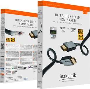 Inakustik Star II 48G HDMI-kabel 1,5m, forgyldte stik, set forfra og fra siden, hvid og orange emballage, sort tekst