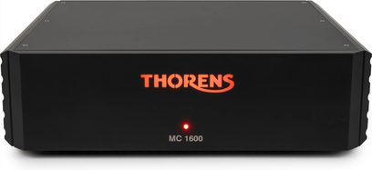 Thorens MC 1600 phono-voorversterker zwart, frontpaneel met rood verlicht logo en LED-indicator