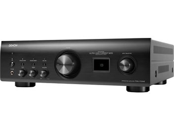 Denon PMA-1700NE juodas stereofoninis integruotas stiprintuvas, priekinė panelė su dideliu garsumo valdymo ratuku ir CD ekranu