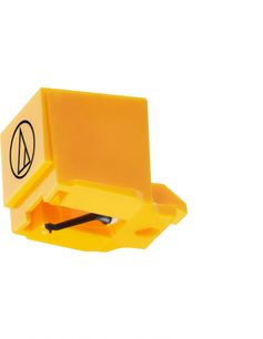 Diamant til Audio Technica ATN91 pladespillerpickup, gul, plastkrop, synlig sort nålespids, sidemonteret logo, set i profil