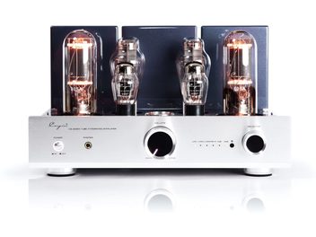 Amplificatore integrato stereo a valvole Cayin CS-805A argento in alluminio spazzolato, vista frontale, con quattro valvole incandescenti a vista, due grandi manopole circolari, presa cuffie e indicatori luminosi allineati
