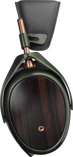 Hi-Fi-Kopfhörer Meze Audio STRADA, Seitenansicht, Ohrmuschel aus dunkelbraunem Holz, eingefasst von grünem Metall mit Kupferdetails