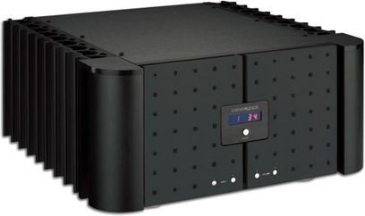 Hi-fi stereo zesilovač Consonance Forbidden City Calaf černý, matně černé obdélníkové šasi, čelní panel s modrým digitálním displejem, tlačítka a konektory