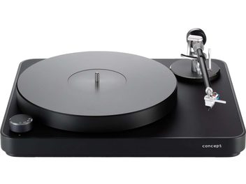 Platine vinyles hi-fi ClearAudio Pack Concept Signature Jubilee Black, vue de dessus, plateau circulaire noir, bras de lecture à droite, bouton de réglage des vitesses en bas à gauche