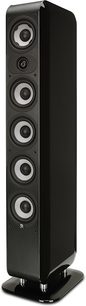 Boston Acoustics M340 sort lakeret gulvhøjttaler, set forfra, 5 runde højttalerenheder, rektangulært sort højglans kabinet