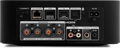 Hi-fi stereo forsterker Model M1, bakside, tilkoblinger: nettverk, USB, HDMI, optisk, strøm, høyttalere, lyd inn/ut