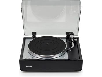 Hi-Fi vinila atskaņotājs Thorens TD 1601 ar TP 160 melnu, skats no priekšpuses, caurspīdīgs vāks pacelts, melns apaļš disks, sudraba tonarms
