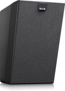 SVS Ultra Elevation Dolby Atmos høyttaler i svart asketre, frontvisning, trapeseformet, svart grill, sølvfarget SVS-logo