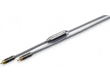 Siltech Explorer 90i analog RCA cable, gray braided sleeve, black metal plugs with gold-plated tips, central housing