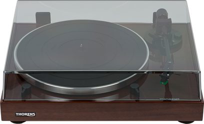 Hi-fi turntable TD 202 walnut with rectangular wood-finish base, black circular platter, tonearm, and transparent cover