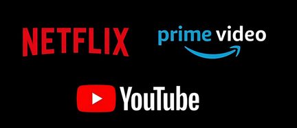 Netflix, Prime Video og YouTube-logoer i rødt, blåt og hvidt på sort baggrund