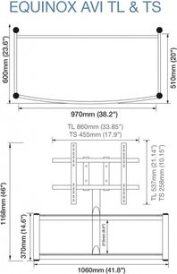 Equinox AVI TL & TS Atacama Audio sort audio-/videomøbel, sort, set forfra med dimensioner i millimeter og tommer