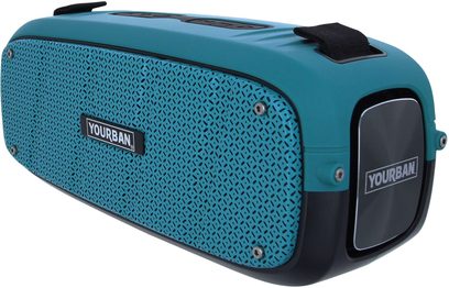 Přenosný Bluetooth reproduktor Yourban Getone 60 modrý, pohled ze tří čtvrtin, perforovaná mřížka, ovládací tlačítka na horní straně, černá rukojeť