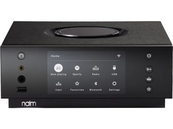 Črni slušalkarski predojačevalnik Naim Audio Uniti Atom Headphone Edition, sprednja plošča z velikim barvnim zaslonom, priključki za slušalke in USB