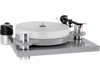 Platine vinil yüksek kaliteli ses sistemi Block PS-100+ gri, üç çeyrek ön görünüm, parlak gri lake taban, silindirik metal ayaklar, kalın beyaz platform, siyah okuma kolu ve kayışla bağlı dış silindirik siyah gümüş motor