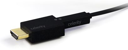 24 meter sort fiberoptisk HDMI-kabel fra Celerity Technologies, med forgyldte stik, på hvid baggrund