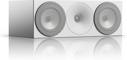 Boxa centrală Amphion Argon 5C albă, vedere frontală, 2 difuzoare circulare și 1 tweeter, carcasă rectangulară albă