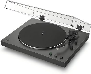 Sort Sony PS-LX3BT pladespiller, gennemsigtigt opklappet låg, lige tonearm med knapper på fronten