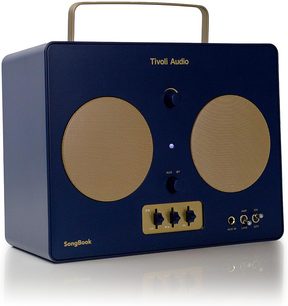 Bærbar bluetooth-højttaler Tivoli SongBook blå/guld, blå plastikkrop, guldmetalgrill og -håndtag, 3/4 forfra
