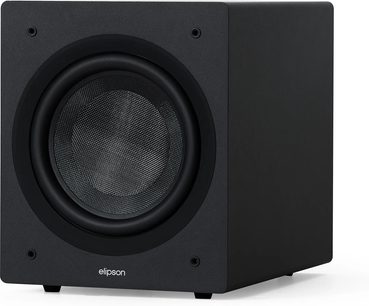 Siyah Elipson Classic Sub 10 subwoofer, üç çeyrek açıdan görünüm, ön yüzünde ızgarasız büyük dairesel hoparlör sürücüsüyle