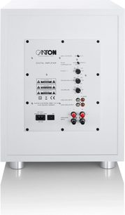 Canton Power Sub 12 S2 mat hvid subwoofer set bagfra med forstærkerpanel og lydtilslutninger