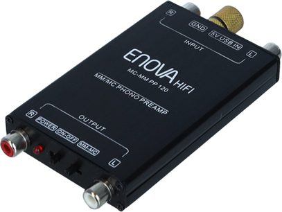 Enova HIFI MC-MM PP 120 phono forforstærker, sort rektangulært kabinet, RCA-stik, kontakter, USB-indgang, hvid tekst