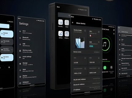 Sort digital lydafspiller med berøringsskærm, indstillinger- og musikafspilningsinterface, set forfra og i trekvart vinkel
