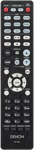 Sort Denon RC-1234 fjernbetjening med knapper og drejeknapper til at styre forskellige funktioner på et audioapparat