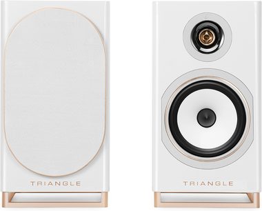 Paar verbonden luidsprekers Triangle Capella 2 wit sidéraal vooraanzicht met witte grille en zichtbare luidspreker