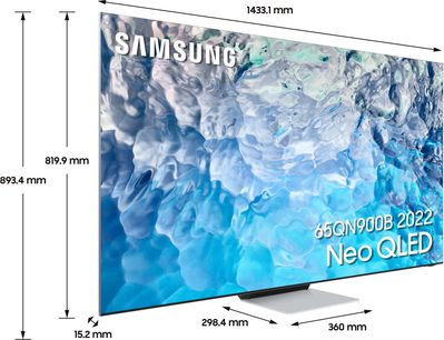 Televizor Samsung QE65QN900B 2022 Neo QLED, plochý obdélníkový displej s rozměry, pohled zepředu a z profilu