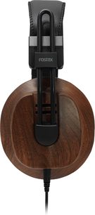 Fostex T60RP Mk2 hi-fi-hovedtelefon med stor brun træørekop og sort polstret hovedbøjle, close-up sidevisning