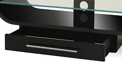 Sort og antracitgrå TV-møbel i glas og træ med åbne hylder og skuffer, set forfra i perspektiv