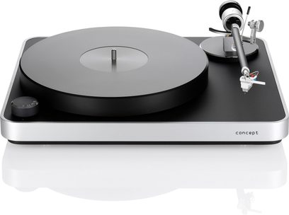 ClearAudio Concept Active sort/sølv pladespiller, set ovenfra, tonarm med pickup, blank sort pladeskive