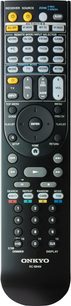 Sort Onkyo RC-884M fjernbetjening med mange knapper til at styre TX-NR3030 hjemmebiografsforstærker, set forfra