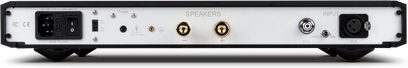 Nuprime Evolution One forstærker, sort, set forfra, med audio-stik og kontakter på bagpanelet af metal