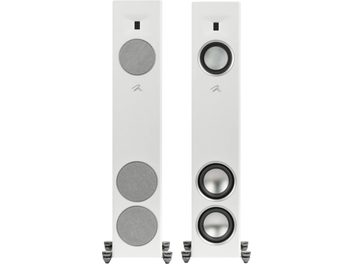 Boxă coloană MartinLogan Motion F20 alb mat cu două difuzoare circulare și un tweeter dreptunghiular pe fiecare unitate